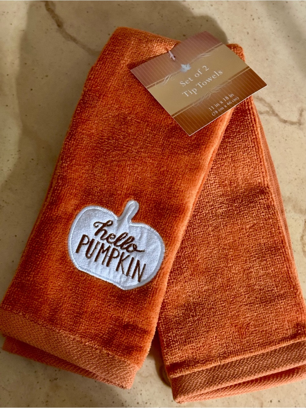 Hello Pumpkin Orange Embroidered Tip Towels - Set of 2